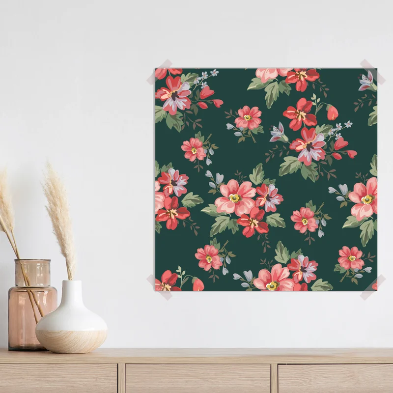Poster vintage rosa blumenmuster auf tiefgrün Poster vintage rosa blumenmuster auf tiefgrün