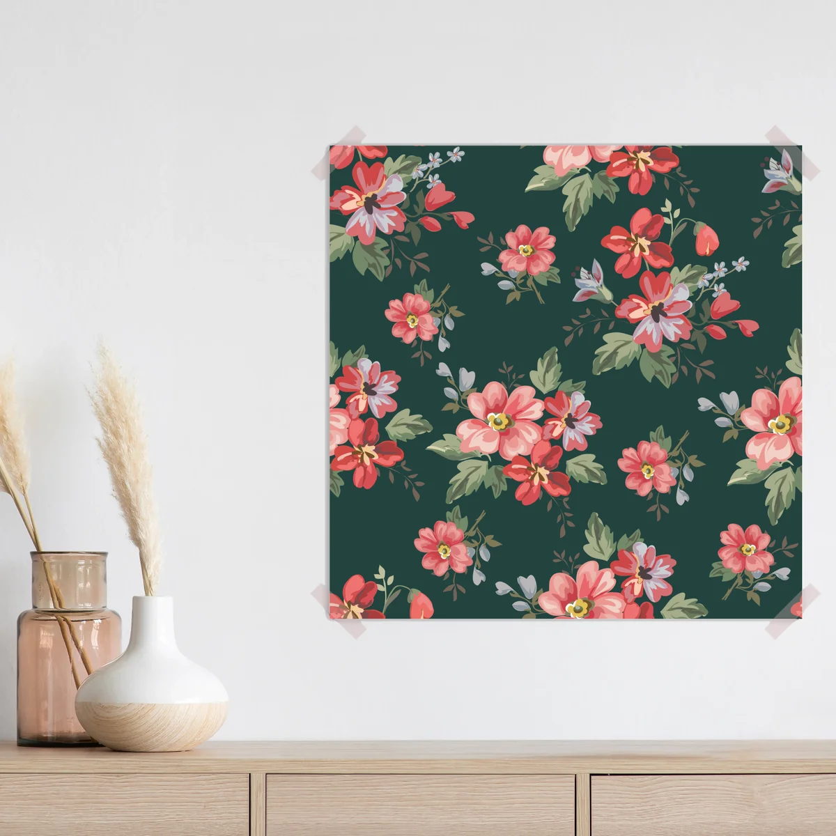 Poster vintage rosa blumenmuster auf tiefgrün Poster vintage rosa blumenmuster auf tiefgrün