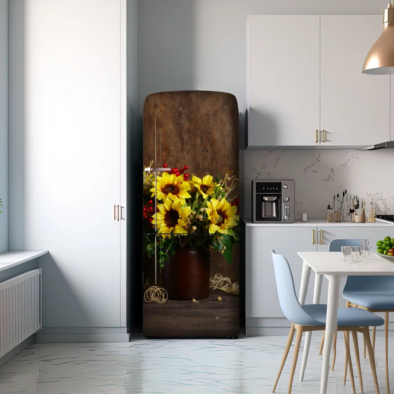 Kühlschrankaufkleber herbstlicher sonnenblumenstrauß vor holzhintergrund
