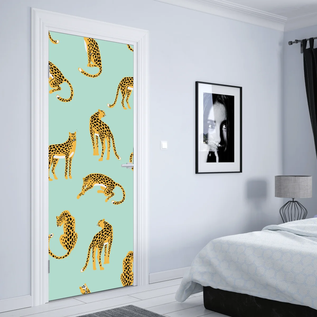 Türaufkleber verspieltes gepardenmuster auf türkisgrund Türaufkleber verspieltes gepardenmuster auf türkisgrund
