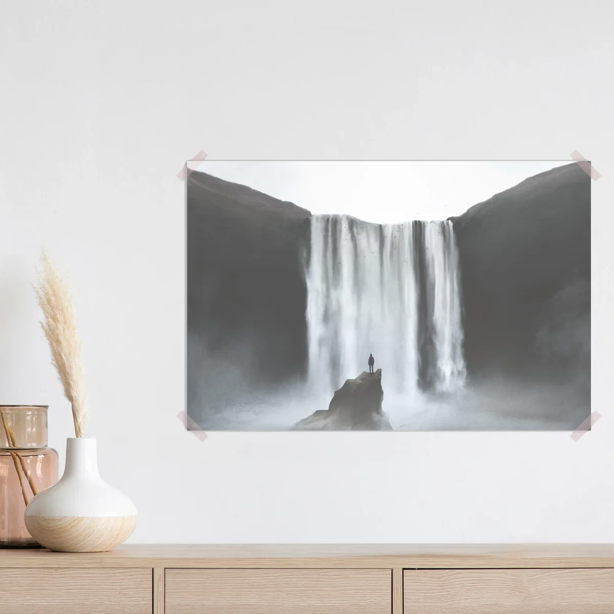 Poster silhouette vor nebligem wasserfall • Poster bei Wallnifity® Poster silhouette vor nebligem wasserfall • Poster bei Wallnifity®