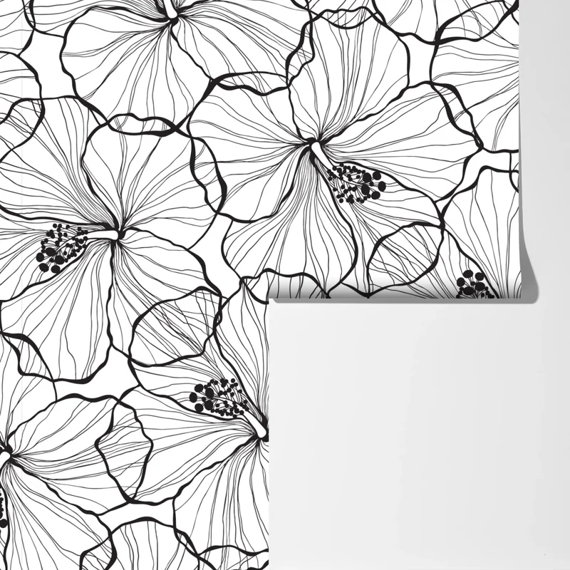 Fototapete schwarzweißes hibiskus line art muster Fototapete schwarzweißes hibiskus line art muster