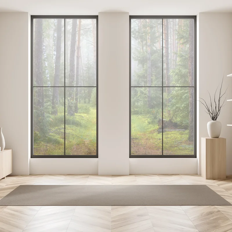 Fensteraufkleber nebliger kiefernwald mit pfad Fensteraufkleber nebliger kiefernwald mit pfad