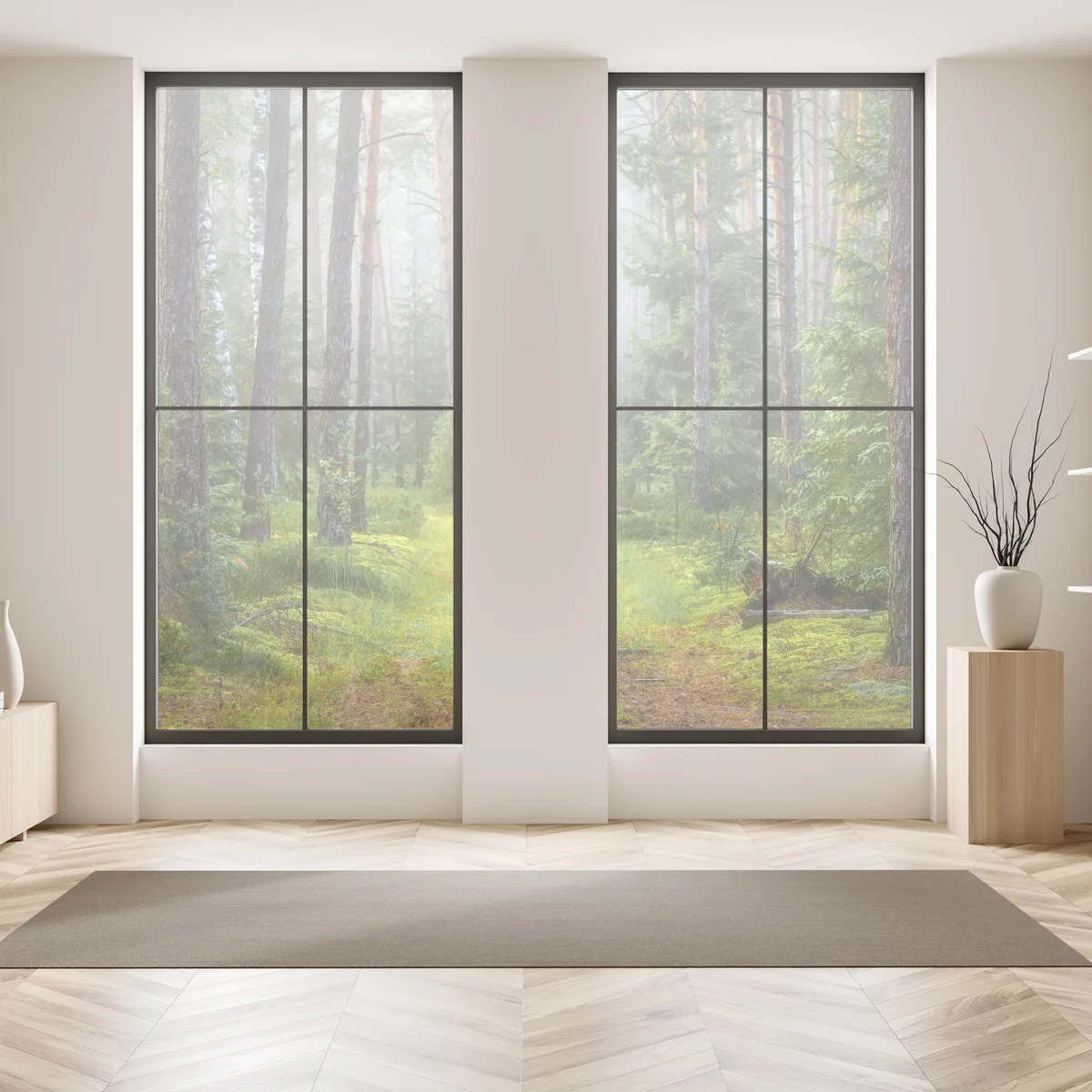 Fensteraufkleber nebliger kiefernwald mit pfad Fensteraufkleber nebliger kiefernwald mit pfad