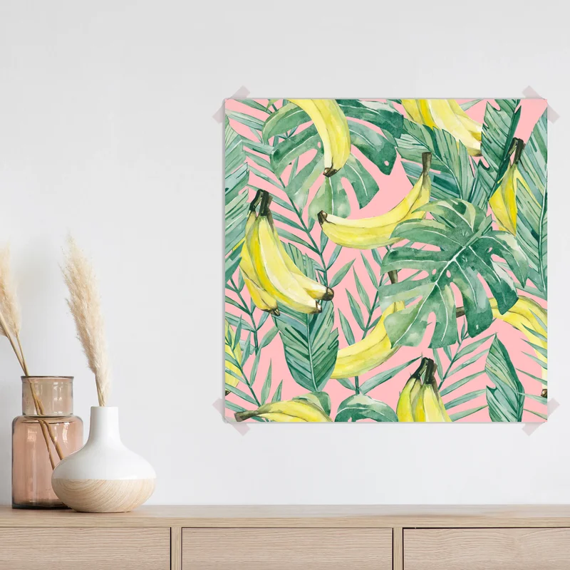 Poster aquarell-bananen und blättermuster auf rosa hintergrund Poster aquarell-bananen und blättermuster auf rosa hintergrund