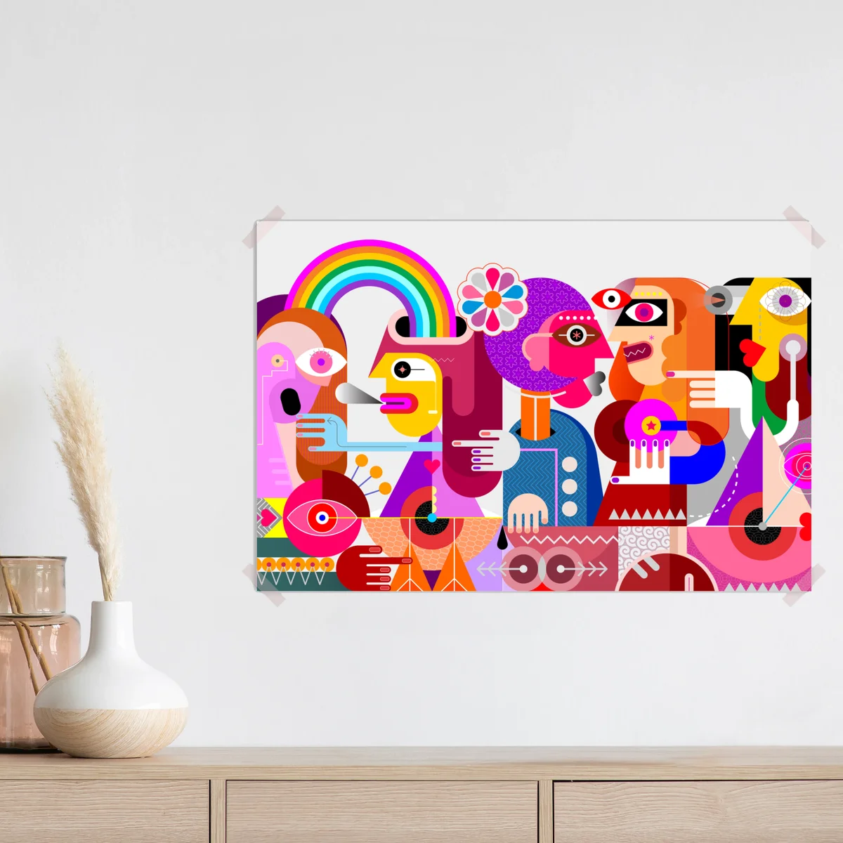 Poster mann mit regenbogen reitet geometrischen vogel Poster mann mit regenbogen reitet geometrischen vogel