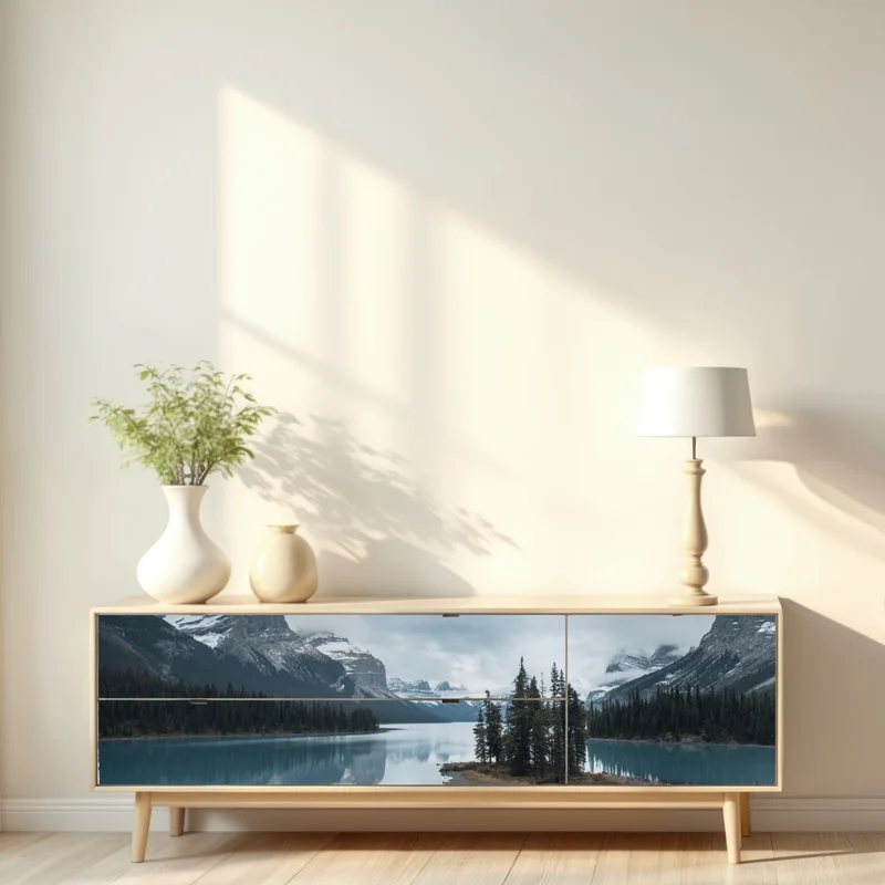 Repositionierbarer Aufkleber ruhiger alpensee mit insel und kajak