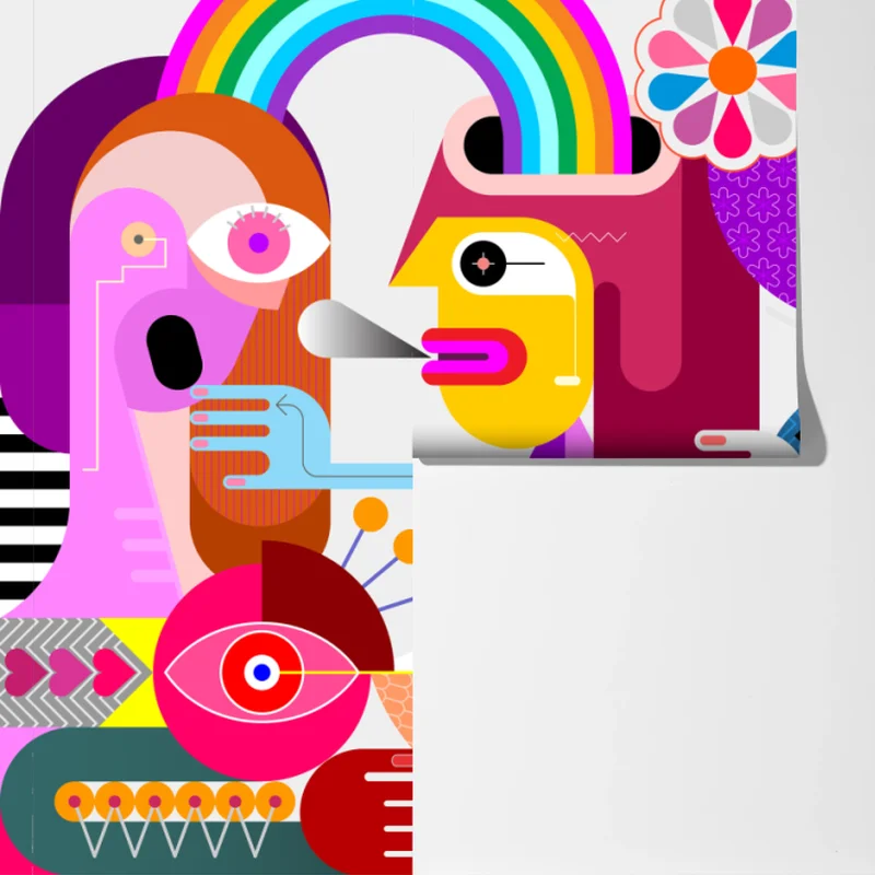 Fototapeta mężczyzna z tęczą jadący na geometrycznym ptaku Fototapeta mężczyzna z tęczą jadący na geometrycznym ptaku