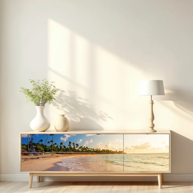 Repositionierbarer Aufkleber tropischer sonnenuntergang am strand mit palmensilhouetten Repositionierbarer Aufkleber tropischer sonnenuntergang am strand mit palmensilhouetten