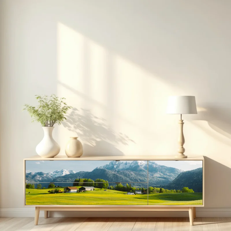 Repositionierbarer Aufkleber alpwiese unter schneebedeckten gipfeln Repositionierbarer Aufkleber alpwiese unter schneebedeckten gipfeln