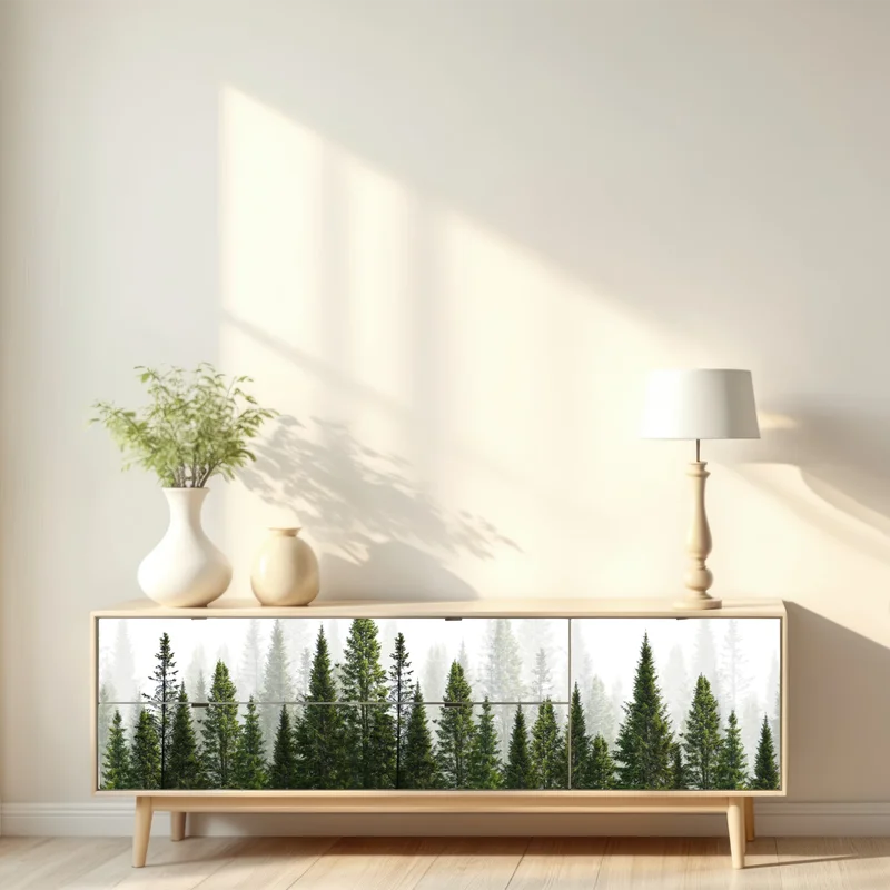 Repositionierbarer Aufkleber nebliger tannenwald Repositionierbarer Aufkleber nebliger tannenwald