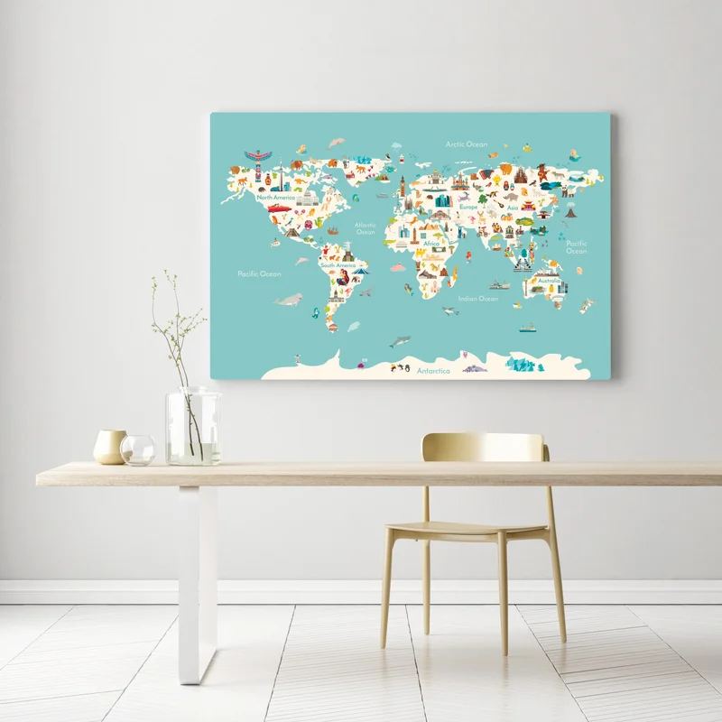 Leinwandbild bunte illustrierte weltkarte für kinder Leinwandbild bunte illustrierte weltkarte für kinder