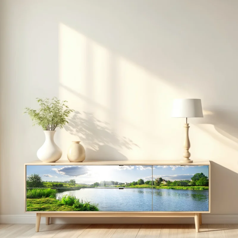 Repositionierbarer Aufkleber sonnenbeschienenes flussufer mit üppigem grün