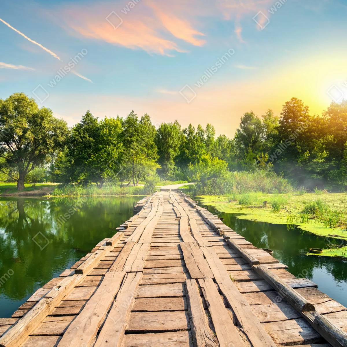 Leinwandbild sonnige hölzerne brücke über ruhigen see Leinwandbild sonnige hölzerne brücke über ruhigen see