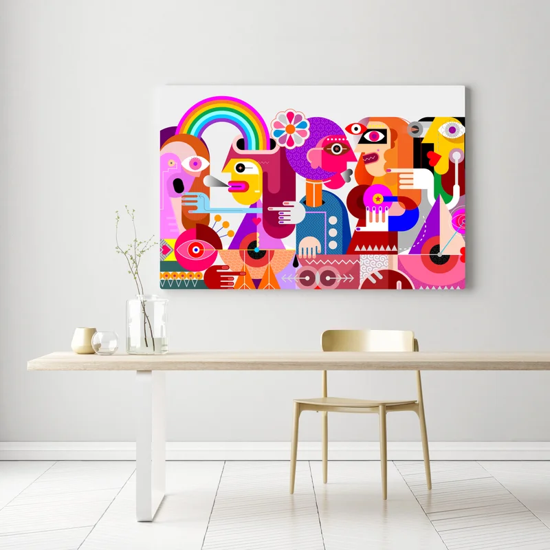 Leinwandbild mann mit regenbogen reitet geometrischen vogel Leinwandbild mann mit regenbogen reitet geometrischen vogel