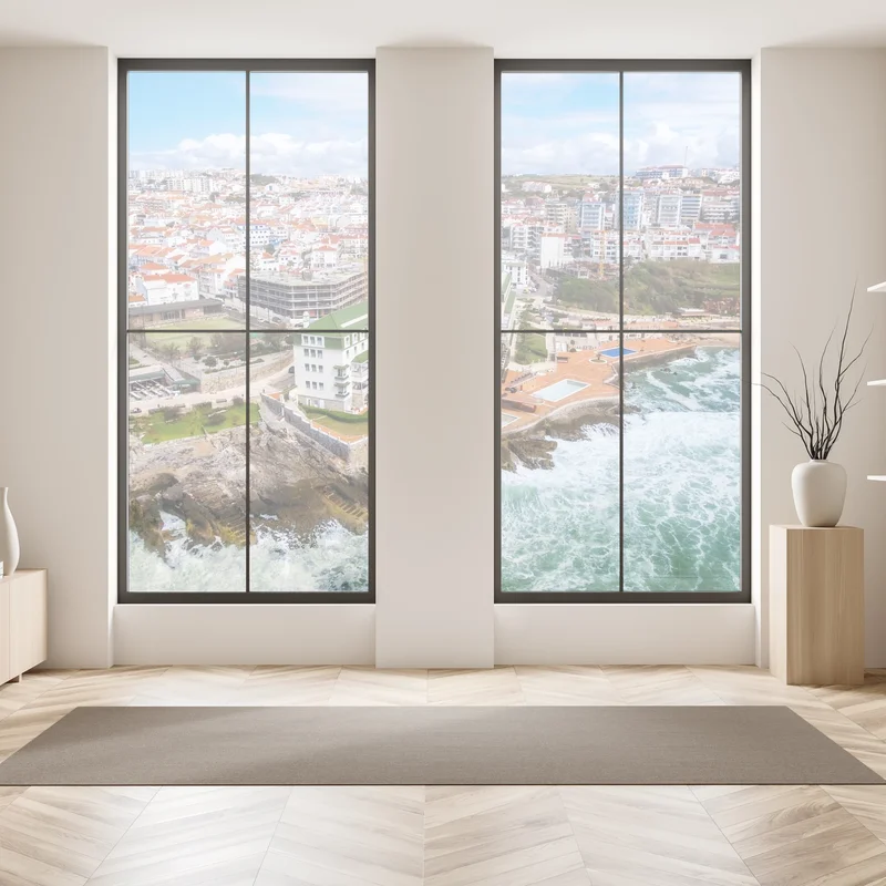 Naklejka na okno widok z lotu ptaka na nadmorskie miasteczko z falami Naklejka na okno widok z lotu ptaka na nadmorskie miasteczko z falami