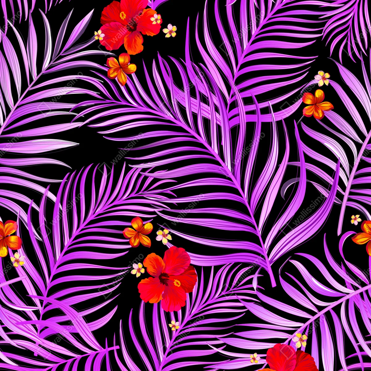 Poster lila palmenblätter und hibiskus blumenmuster • Poster bei Wallnifity® Poster lila palmenblätter und hibiskus blumenmuster • Poster bei Wallnifity®