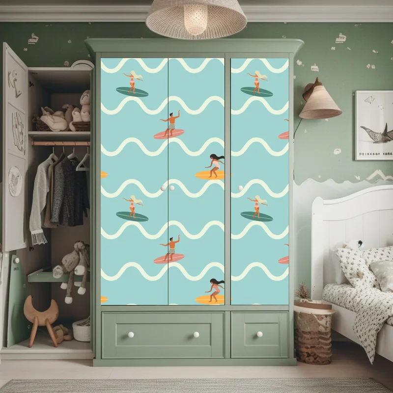 Schrankaufkleber surfer auf türkisfarbenen wellen