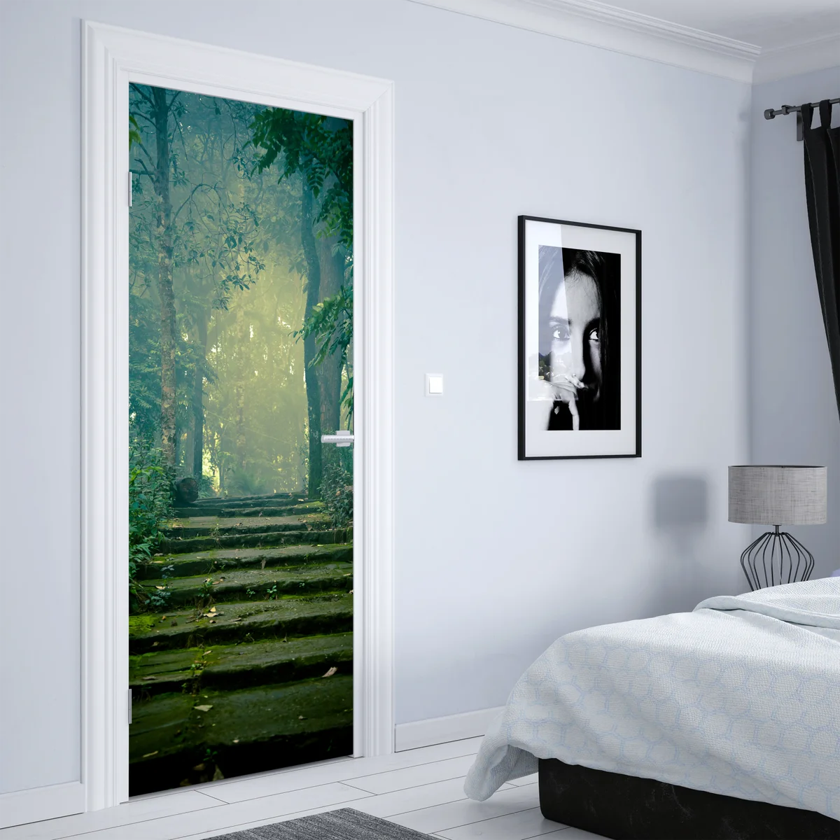 Türaufkleber moosbedeckte steintreppe in den nebligen wald Türaufkleber moosbedeckte steintreppe in den nebligen wald