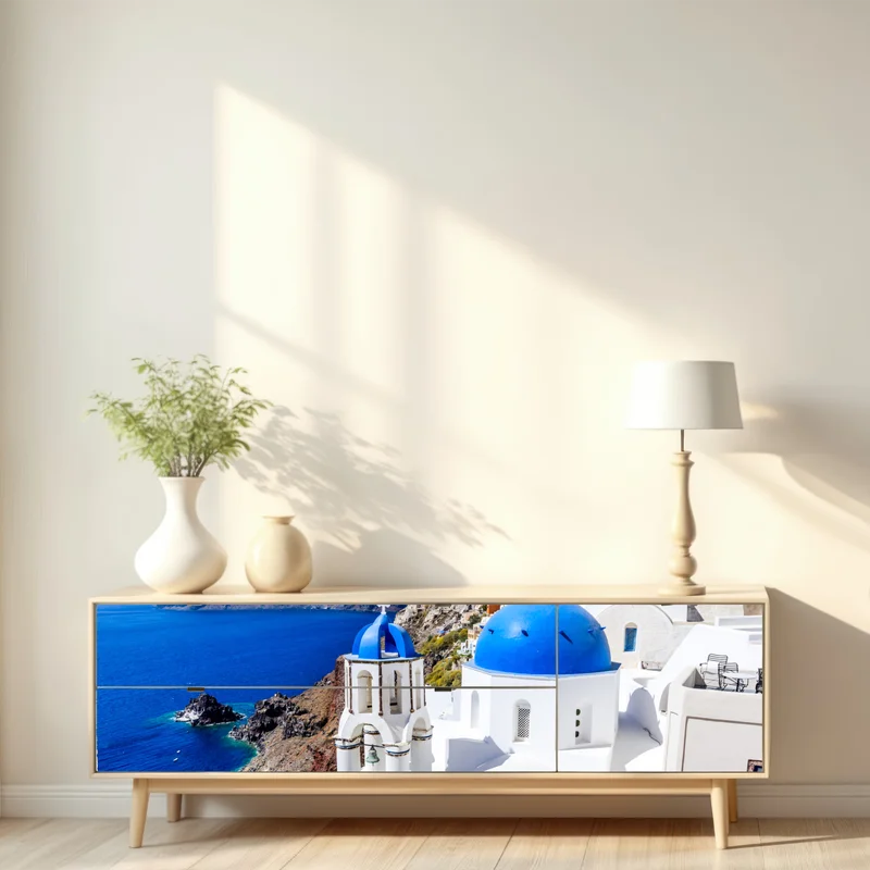 Repositionierbarer Aufkleber Santorini blaue kuppeln über der kaldera