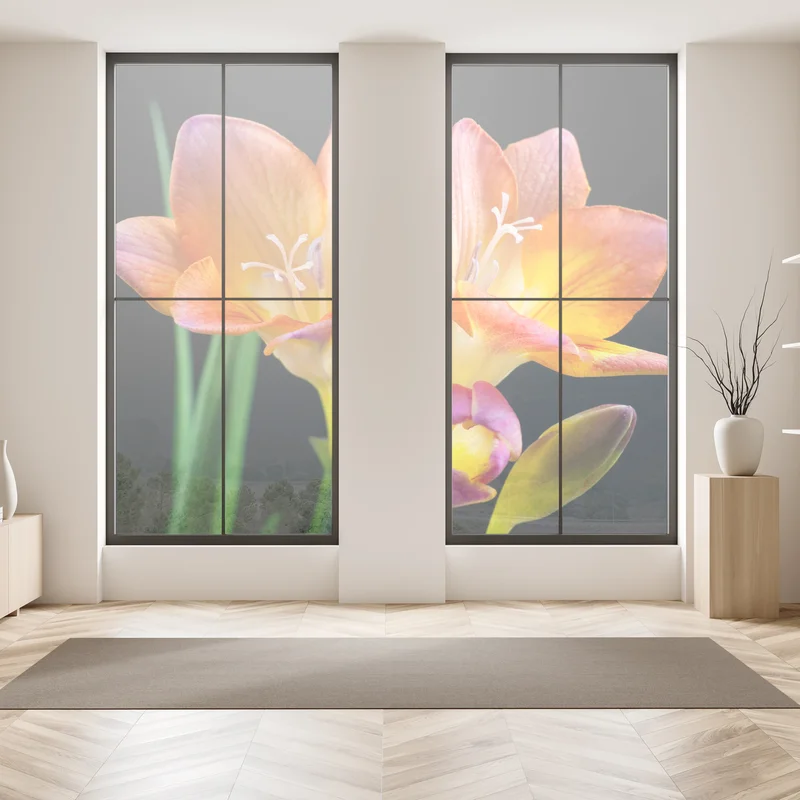 Fensteraufkleber leuchtende orange freesien vor schwarzem hintergrund