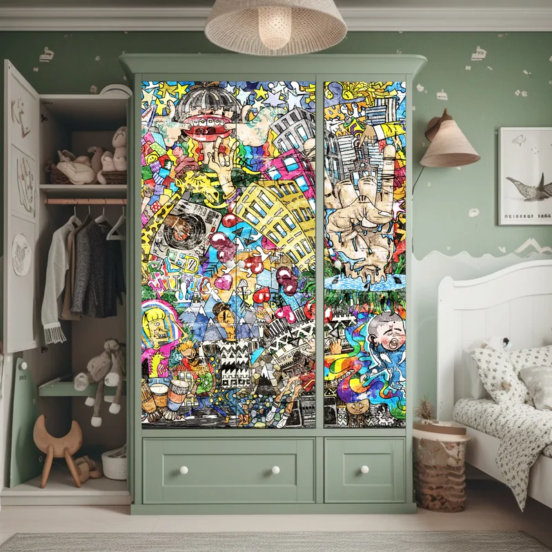 Schrankaufkleber farbenfrohes urbanes musikmural