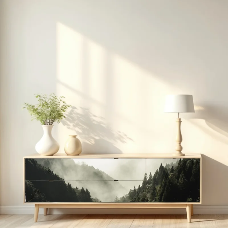 Repositionierbarer Aufkleber nebliges bergtal im wald