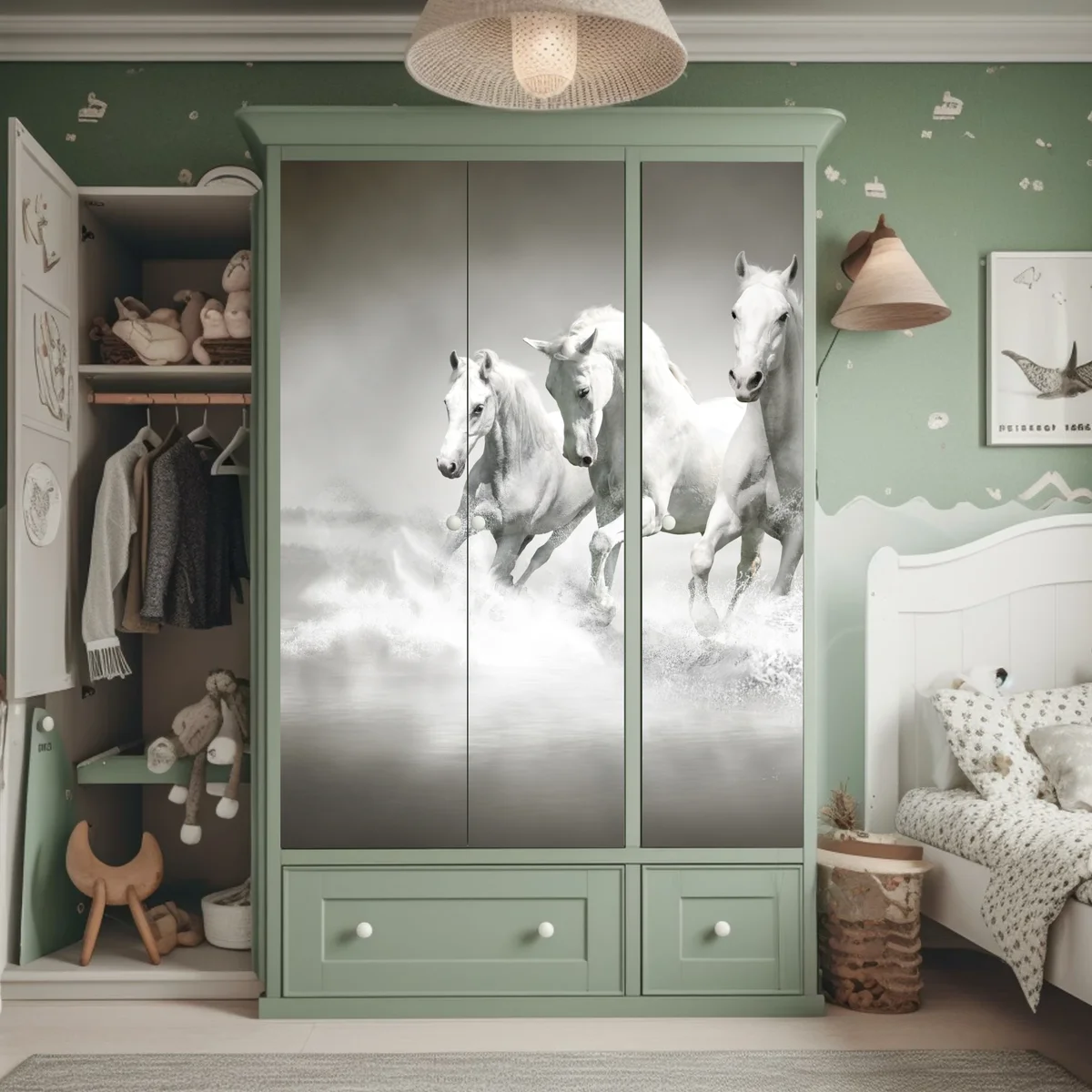 Schrankaufkleber drei weiße pferde im galopp durch wasser Schrankaufkleber drei weiße pferde im galopp durch wasser