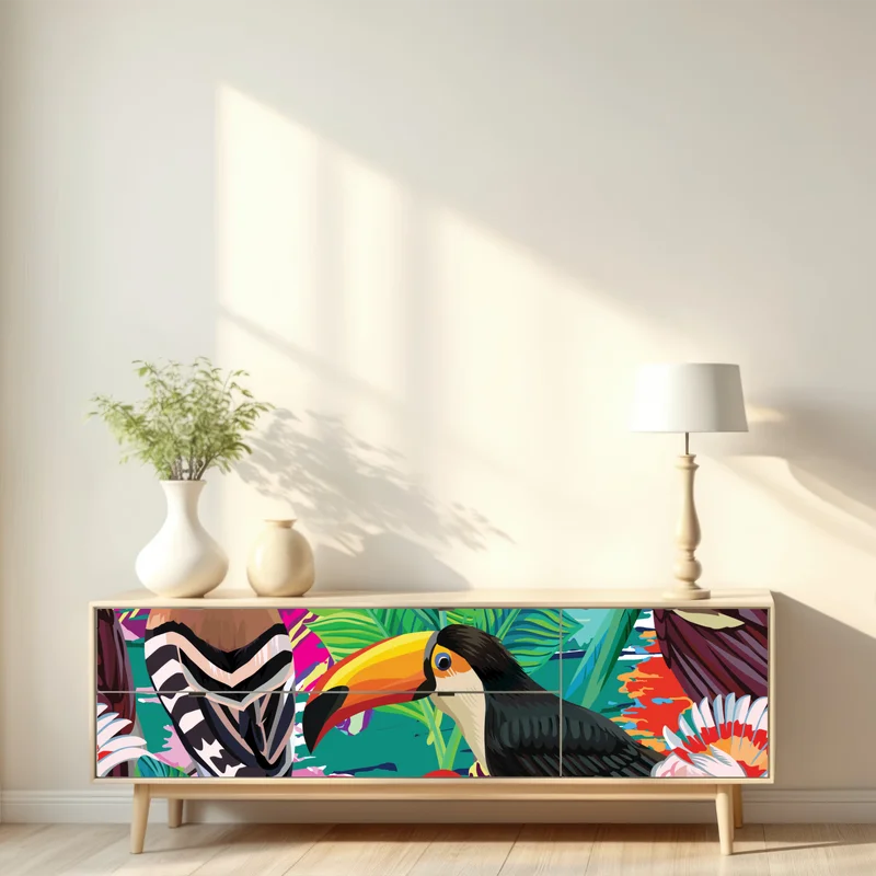 Repositionierbarer Aufkleber leuchtende tropische vögel im dschungel