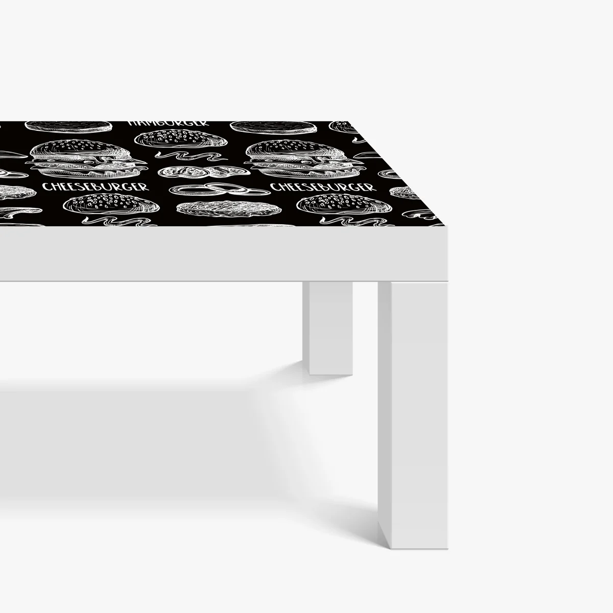 Tischaufkleber und Schreibtischaufkleber handgezeichnetes burger-muster auf schwarzem hintergrund Tischaufkleber und Schreibtischaufkleber handgezeichnetes burger-muster auf schwarzem hintergrund
