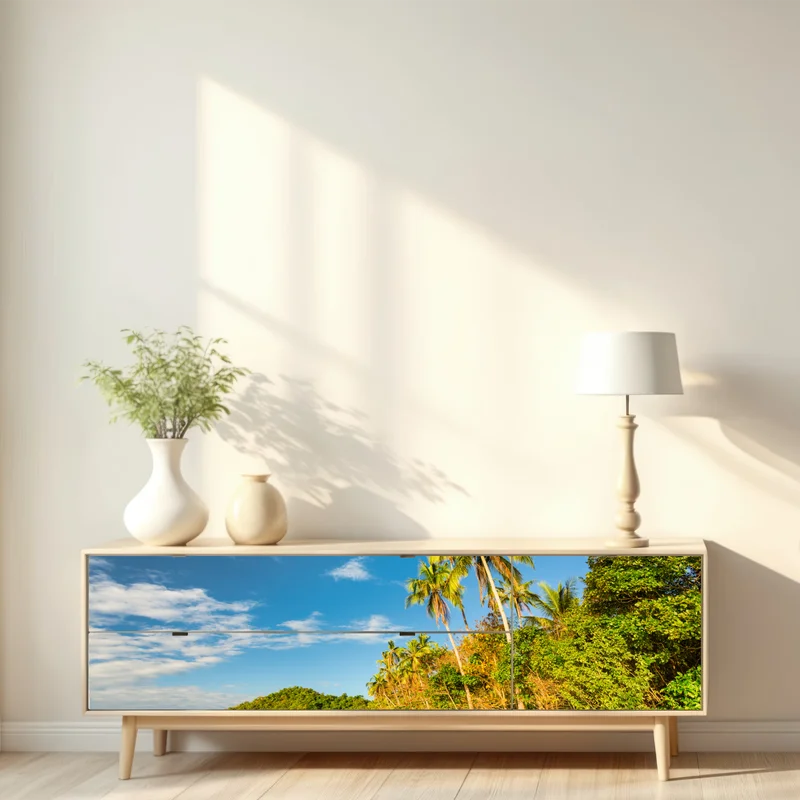 Repositionierbarer Aufkleber goldener tropischer strand bei sonnenuntergang