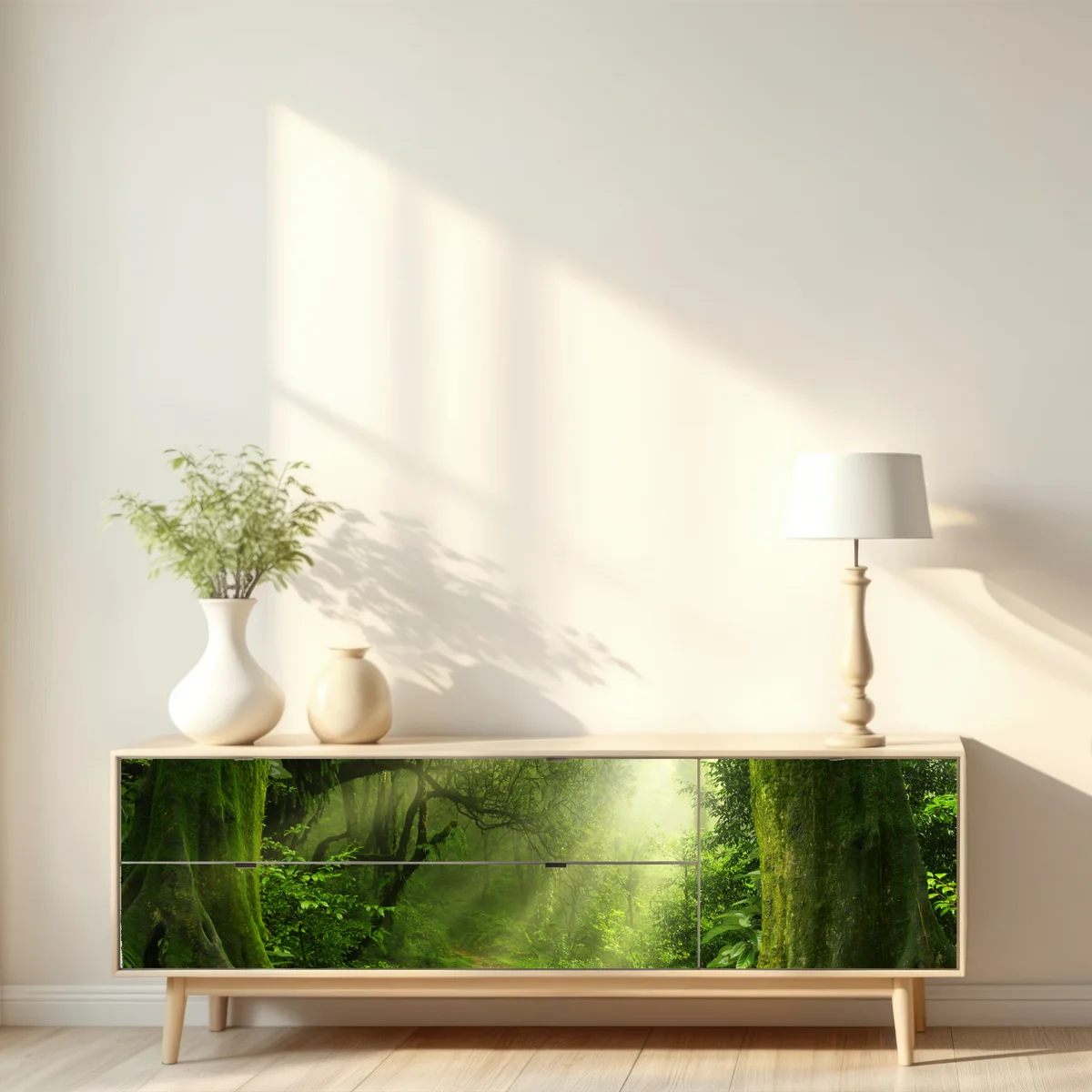 Repositionierbarer Aufkleber sonnenbeschienener moosiger waldpfad Repositionierbarer Aufkleber sonnenbeschienener moosiger waldpfad