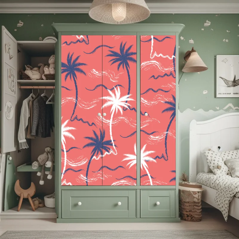 Schrankaufkleber tropisches palmenmuster in koralle und dunkelblau