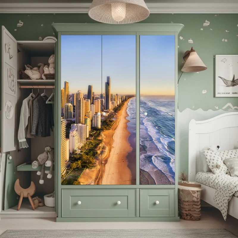 Schrankaufkleber sonnenaufgang über Surfers Paradise skyline