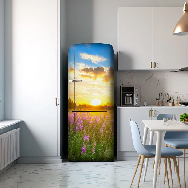Kühlschrankaufkleber sonnenaufgang über violetter wildblumenwiese