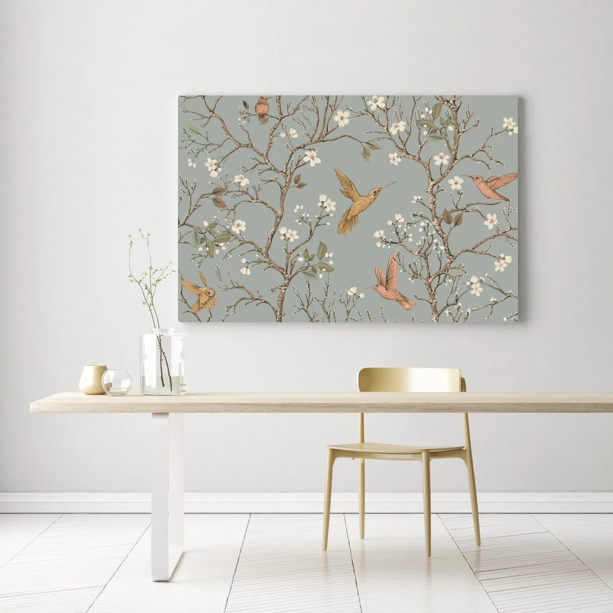 Leinwandbild vintage-muster mit kolibris und blüten Leinwandbild vintage-muster mit kolibris und blüten