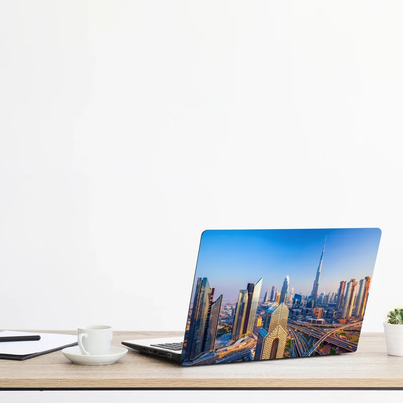 Laptop-Aufkleber panorama Dubais mit Burj Khalifa bei sonnenuntergang