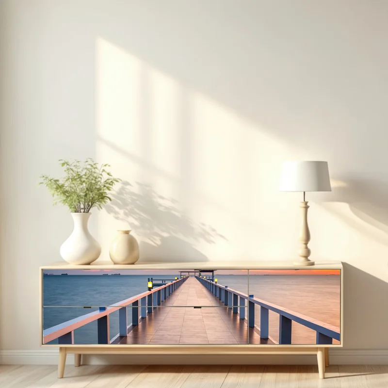 Repositionierbarer Aufkleber seebrücke bei sonnenuntergang