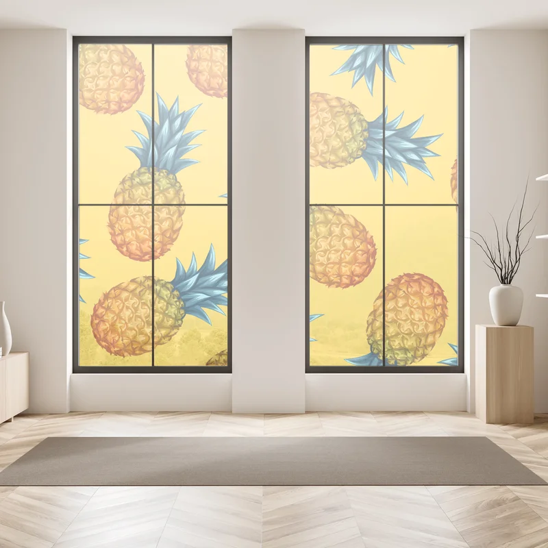 Naklejka na okno tropikalny wzór z ananasami na żółtym tle Naklejka na okno tropikalny wzór z ananasami na żółtym tle