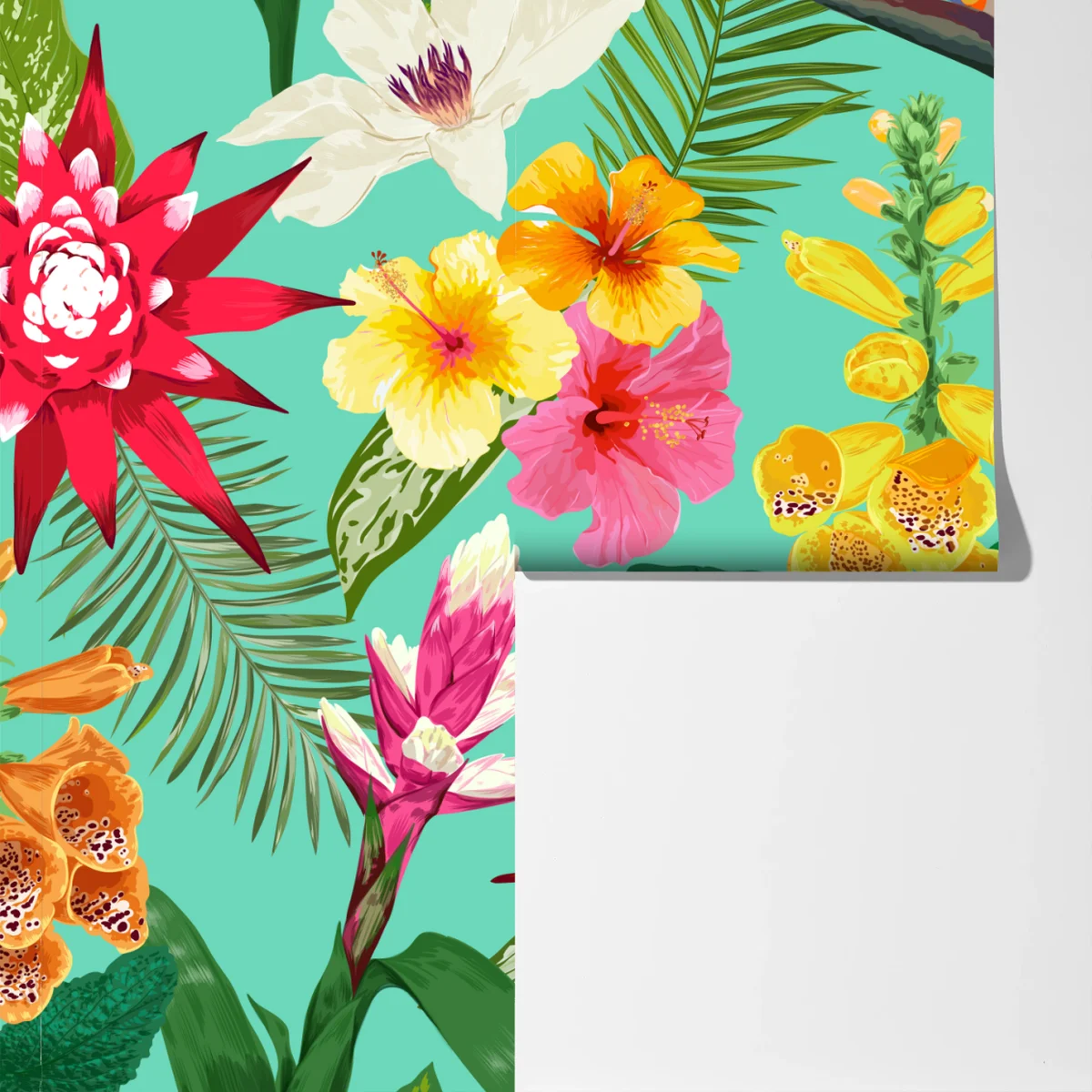 Fototapete tropisches aquarell-blumenmuster mit hibiskus, tigerlilie und paradiesvogelblume Fototapete tropisches aquarell-blumenmuster mit hibiskus, tigerlilie und paradiesvogelblume