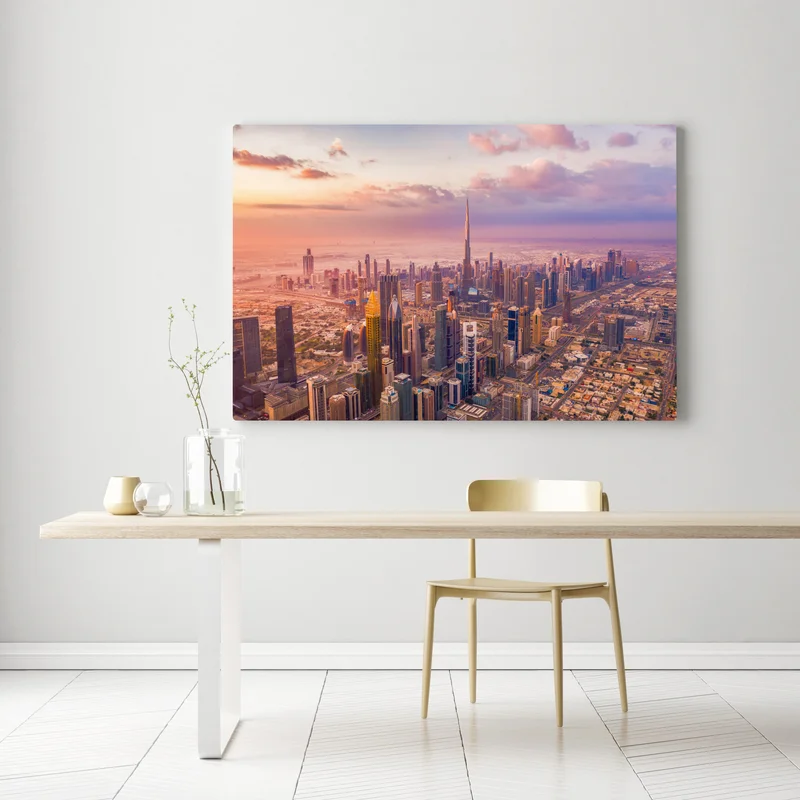 Leinwandbild sonnenuntergang über der skyline von Dubai mit Burj Khalifa Leinwandbild sonnenuntergang über der skyline von Dubai mit Burj Khalifa