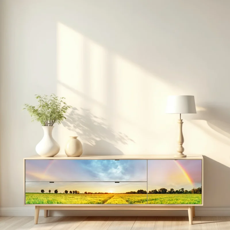 Repositionierbarer Aufkleber regenbogen über goldenem weizenfeld bei sonnenuntergang