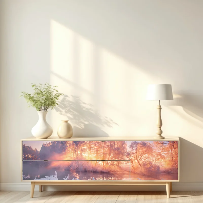 Repositionierbarer Aufkleber winterlicher sonnenaufgang über zugefrorenem fluss