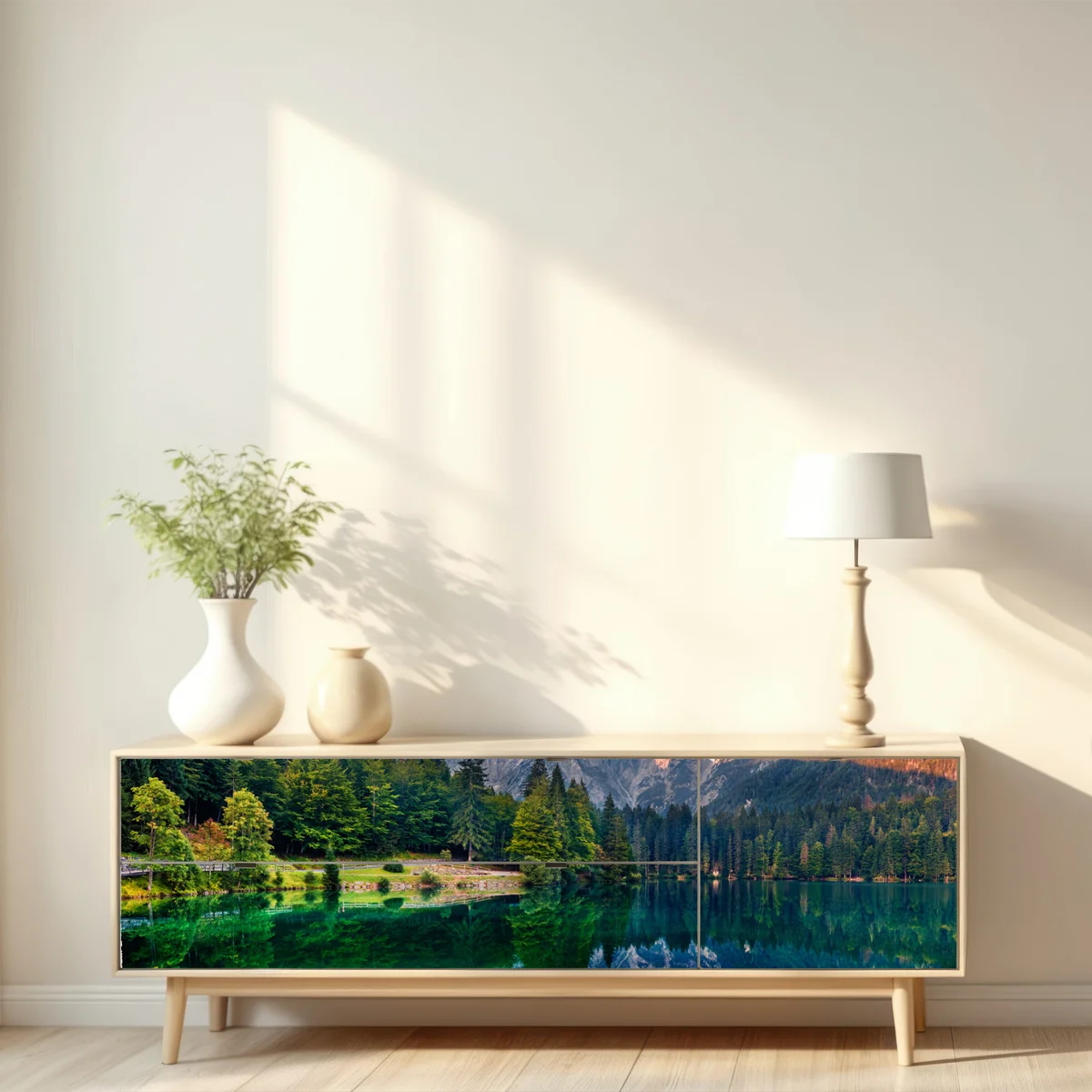 Repositionierbarer Aufkleber ruhiger morgen am Fusine See, Julische Alpen Repositionierbarer Aufkleber ruhiger morgen am Fusine See, Julische Alpen