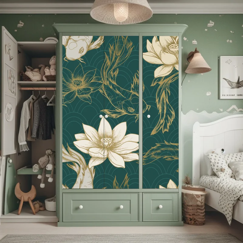 Schrankaufkleber orientalisches koi- und lotosmuster in türkis und gold Schrankaufkleber orientalisches koi- und lotosmuster in türkis und gold