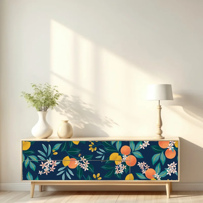 Repositionierbarer Aufkleber botanisches zitronen- und orangenmuster auf marineblauem hintergrund