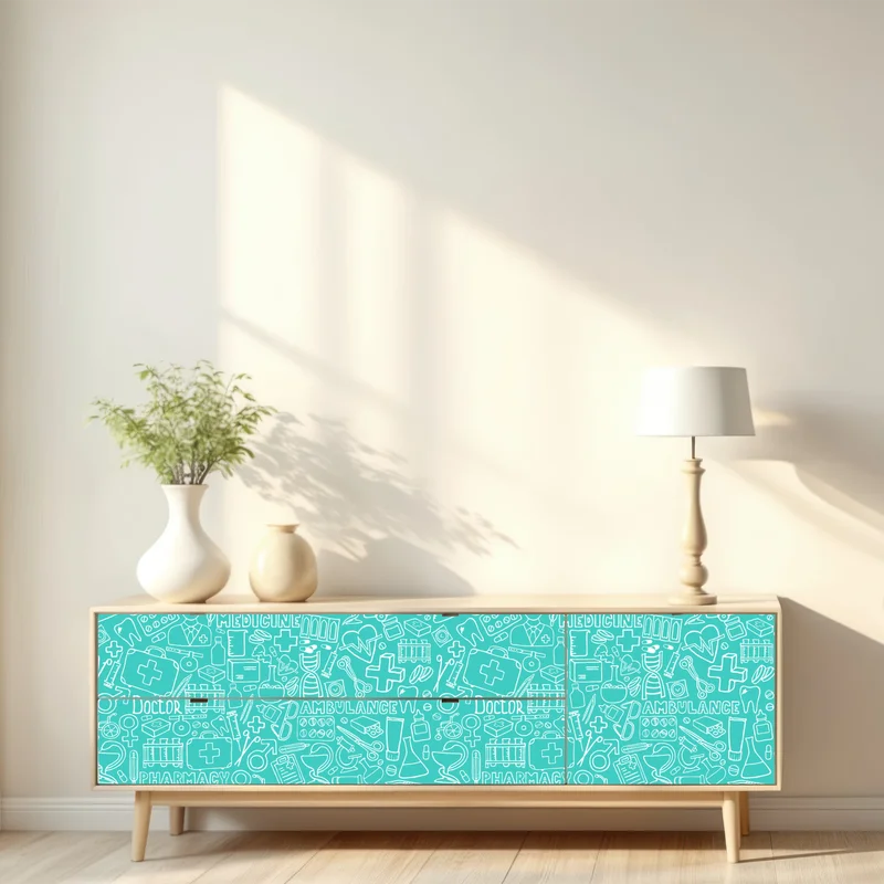 Repositionierbarer Aufkleber türkises nahtloses muster mit medizinischen icons