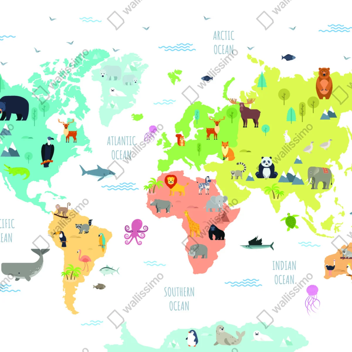 Fototapete illustrierte weltkarte mit tieren für kinder Fototapete illustrierte weltkarte mit tieren für kinder