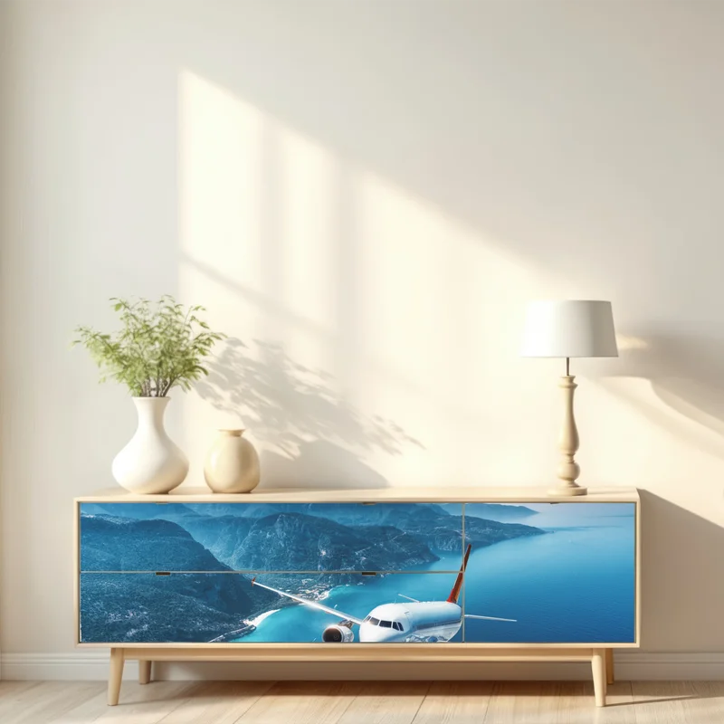 Repositionierbarer Aufkleber küstenflug über türkisblauem meer