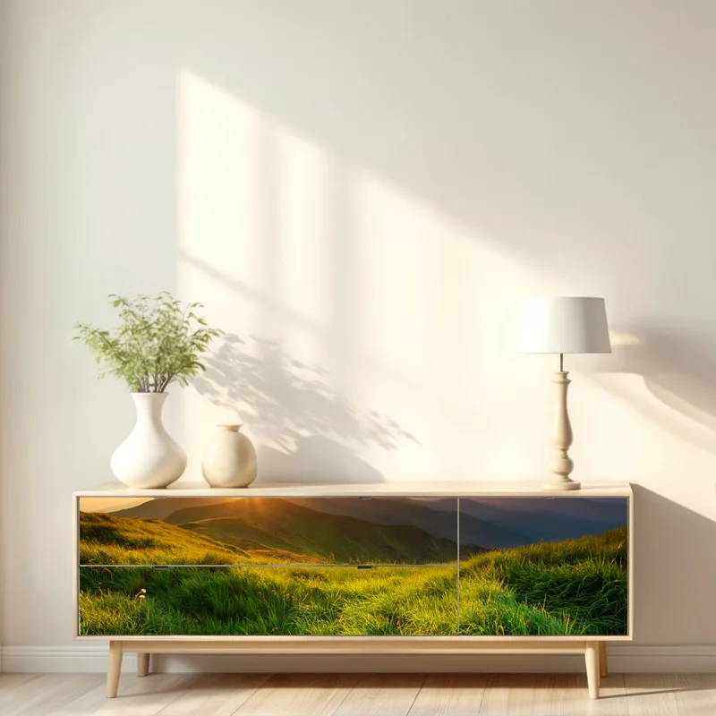 Repositionierbarer Aufkleber sonnenaufgang über dem smaragdgrünen bergtal Repositionierbarer Aufkleber sonnenaufgang über dem smaragdgrünen bergtal